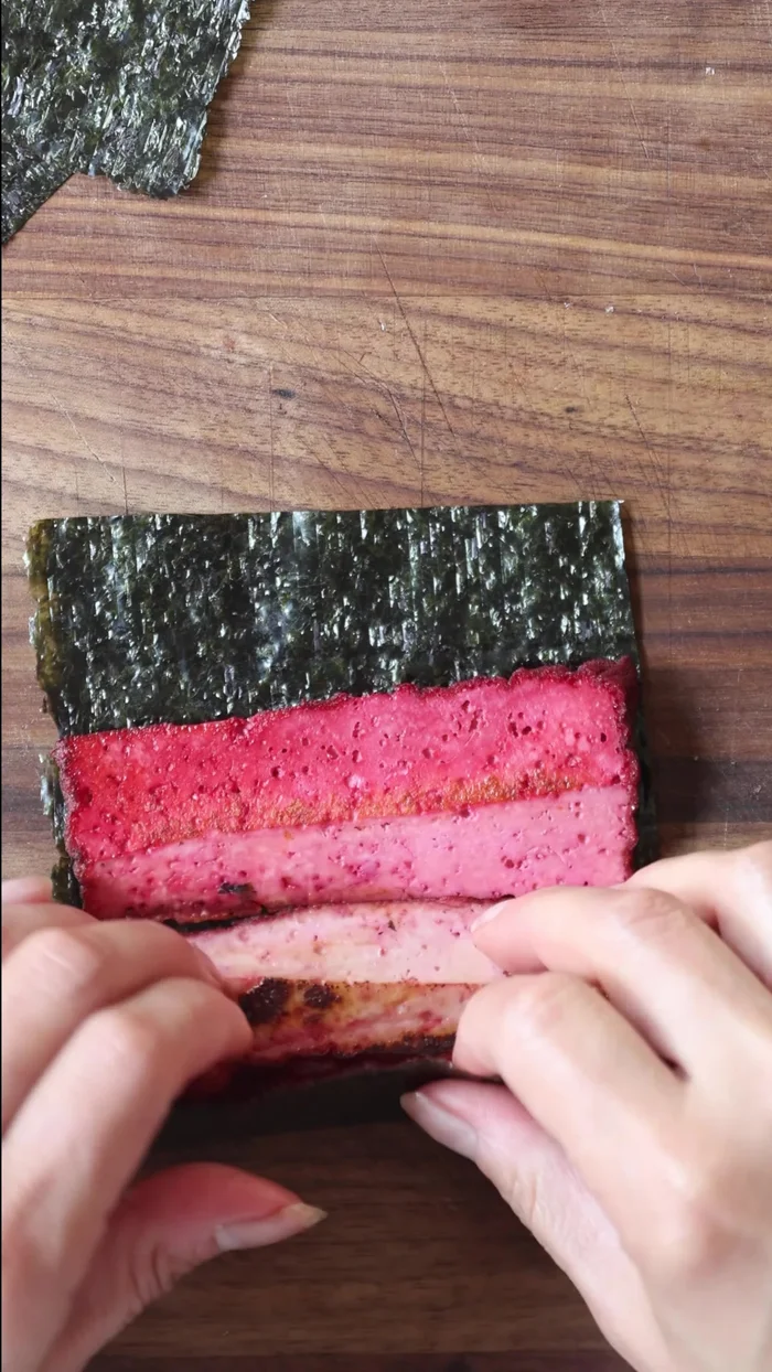 Assemble Pink Heart Kimbap: Repeat the Heart Kimbap steps, but use pink tofu cutlets instead of the Korean omelette.