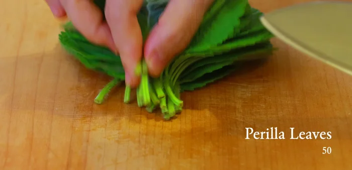 Wash and drain the perilla leaves. Trim the ends, leaving about half an inch of the stem intact.
