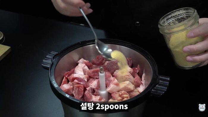 Prepare the tteokgalbi dough: Mix fatty beef and pork with sugar, soy sauce, mirin, oyster sauce, sesame oil, seasoned salt, red pepper, and glutinous rice flour.