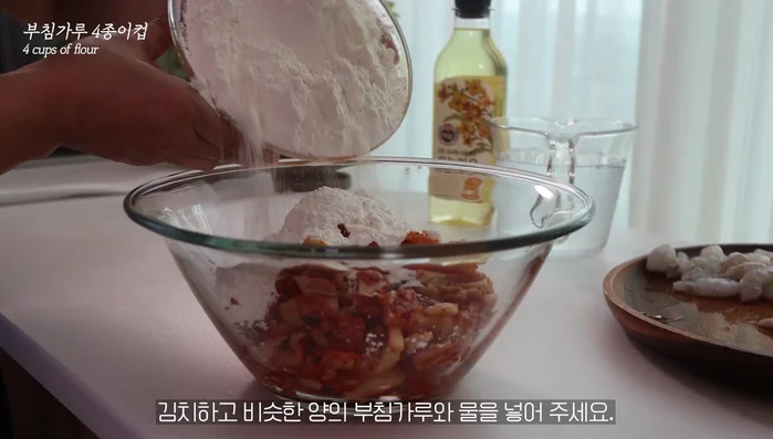 Mix kimchi, pancake mix, and water in a bowl until a dough forms.