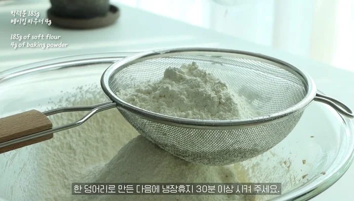 Add flour and baking powder, form a dough, and refrigerate for at least 30 minutes.