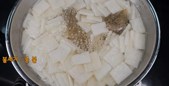 After 10 minutes, remove the anchovy broth pack. Add one spoon of minced garlic and three spoons of tuna liquid.