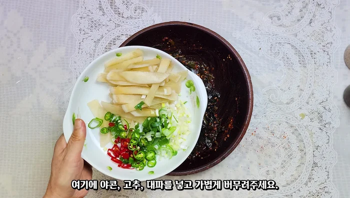 Add the yacon, peppers, and green onions; toss gently to combine. [222.159]