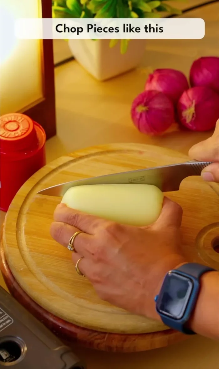 Prepare the cheese: Cut mozzarella cheese into thin sticks.