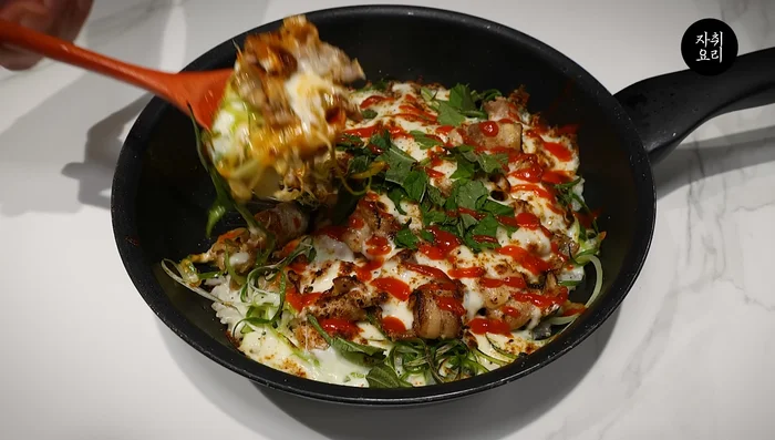 The Pork Belly Scorched Rice Pizza is complete!