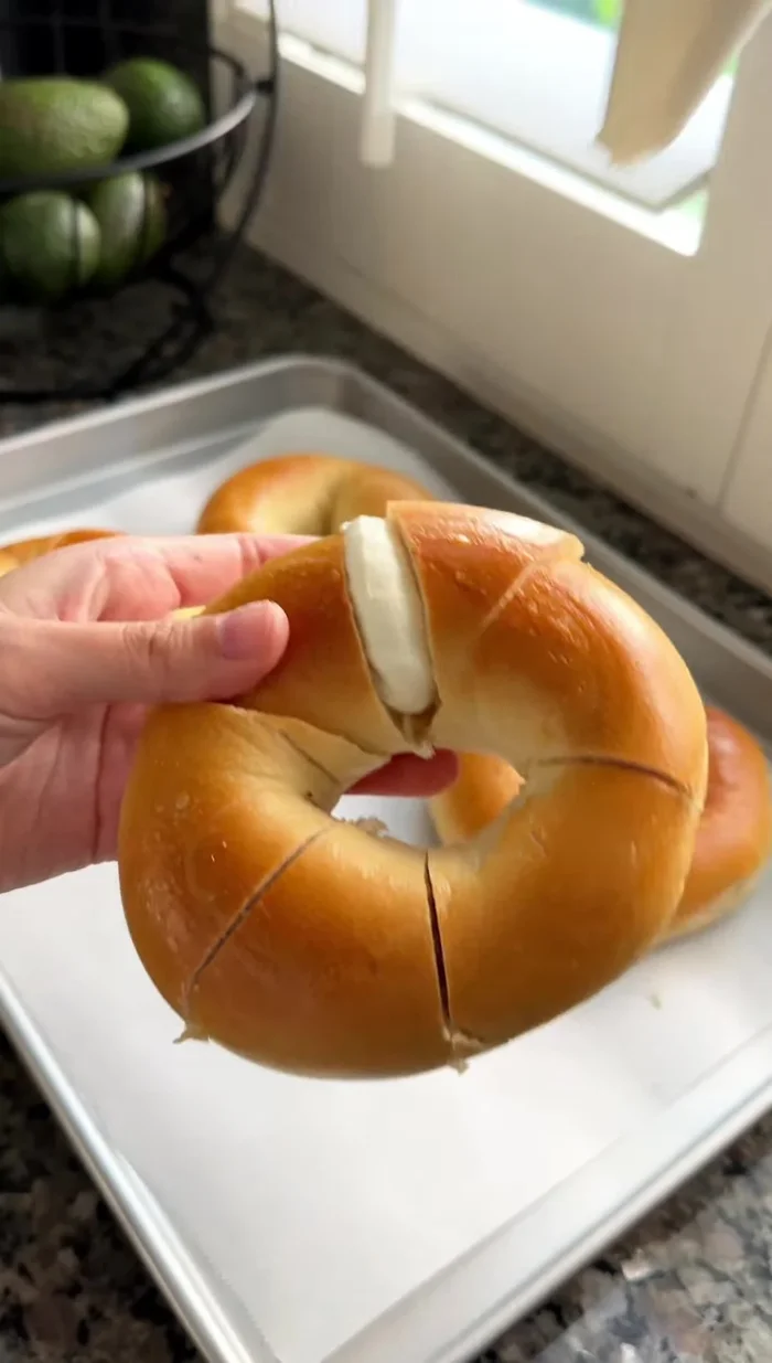 Fill in between each cut with softened cream cheese (sweetened with honey, piped for easier application).