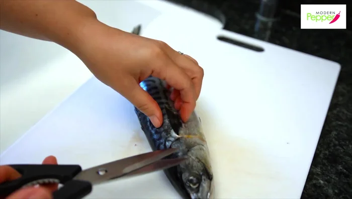 Prepare the mackerel: Remove fins and guts. Rinse and pat dry. Cut into blocks. (Optional: watch video for detailed fish preparation at 263.52)