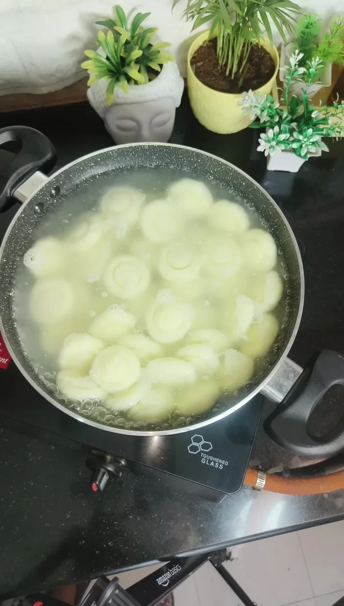 Boil the potato shapes in water for 5 minutes. Immediately transfer them to ice cold water.