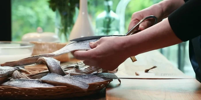 Cut off the fins of the flounder with scissors.