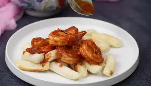 Korean Gochujang Glazed Shrimp with Crispy Rice Cakes