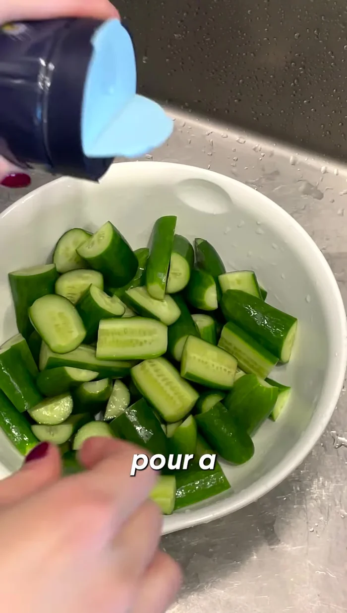 Salt the cucumbers: Generously sprinkle salt over the chopped cucumbers to pickle them. Let them sit for 20-30 minutes.