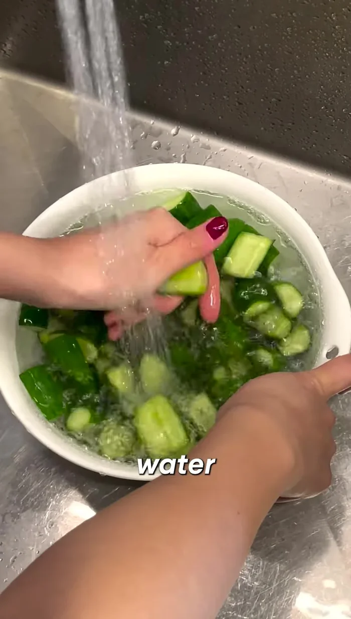 Rinse and drain: Rinse the salted cucumbers several times with cold water to remove excess salt. Let them sit for another 20-30 minutes to drain excess water.