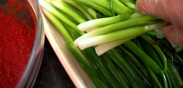 Assemble the kimchi: Dip each bunch of green onions into the kimchi paste, ensuring the firm white parts are fully coated. Gently squeeze to mix. Pack into a kimchi container.