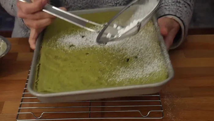 Let the cake cool for about 10 minutes. Generously dust with powdered sugar.