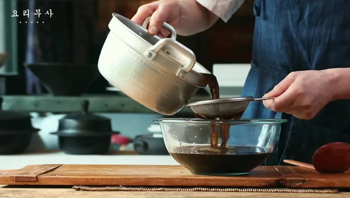 If the soy sauce has cooled, strain it again.