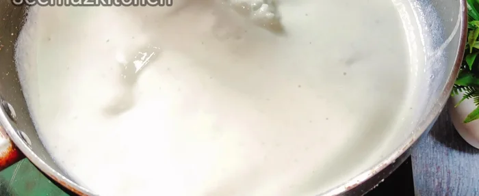 Pour batter into a pan (non-stick pan preferred, otherwise add a little oil). Cook on low to medium heat, stirring constantly, until thick dough forms. Add salt.